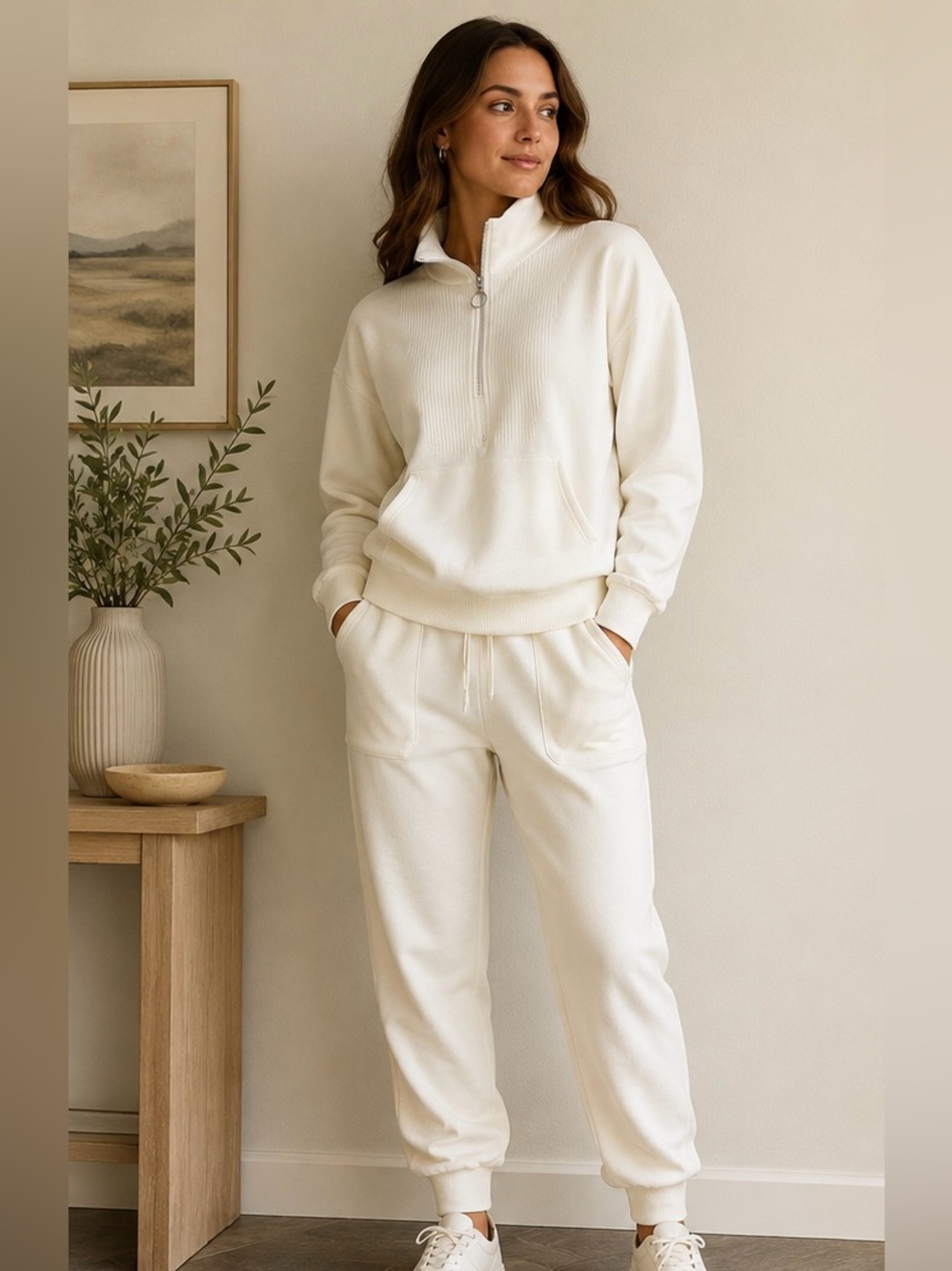Women's Cream Half-Zip Sweatshirt & Jogger Set